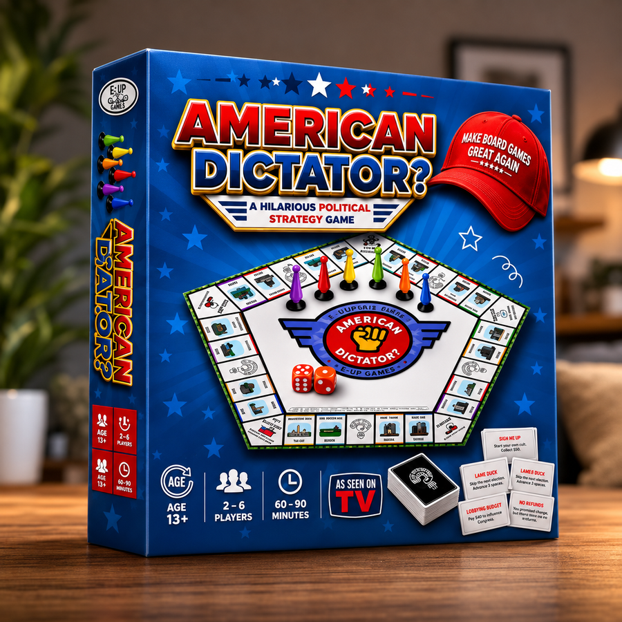 American Dictator? board game by E-UP Games, with its box, board and playing pieces