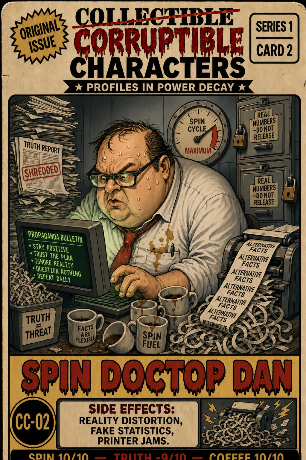 Spin Doctor Dan, CC-02 — satirical artwork. Spin Doctor Dan lampoons political messaging that keeps turning until a bad story sounds like a victory.