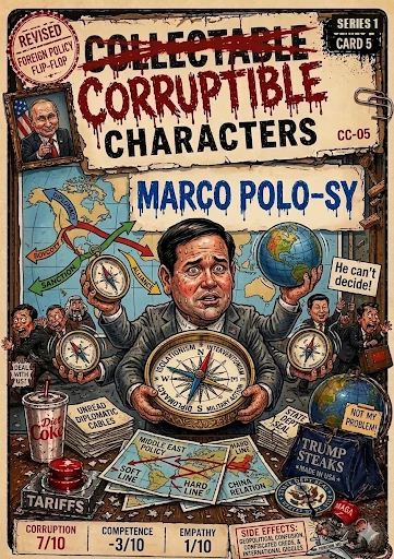 Marco Polo-sy, CC-05 — satirical artwork. Marco Polo-sy uses a wordplay-driven political persona to tease diplomacy that seems forever in search of a direction.