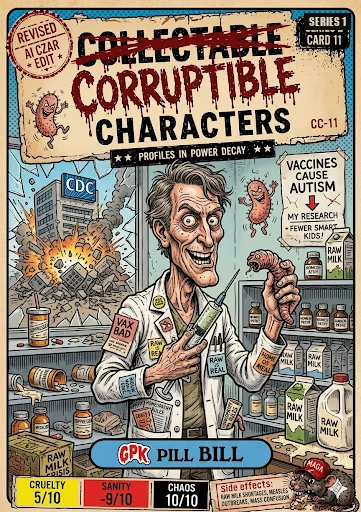 Pill Bill, CC-11 — satirical artwork. Pill Bill turns medicine into political wordplay, taking aim at the packaging of health promises as easy fixes.