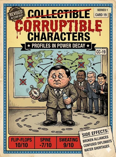 Flip-Flop Diplomat, CC-19 — satirical artwork. Flip-Flop Diplomat treats shifting positions as a diplomatic specialty, lampooning foreign policy that cannot stay pointed in one direction.