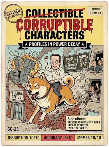 DOGE Destroyer, CC-23 — satirical artwork. This DOGE Destroyer entry returns to efficiency-as-destruction, making institutional upheaval the recurring punchline of the character.