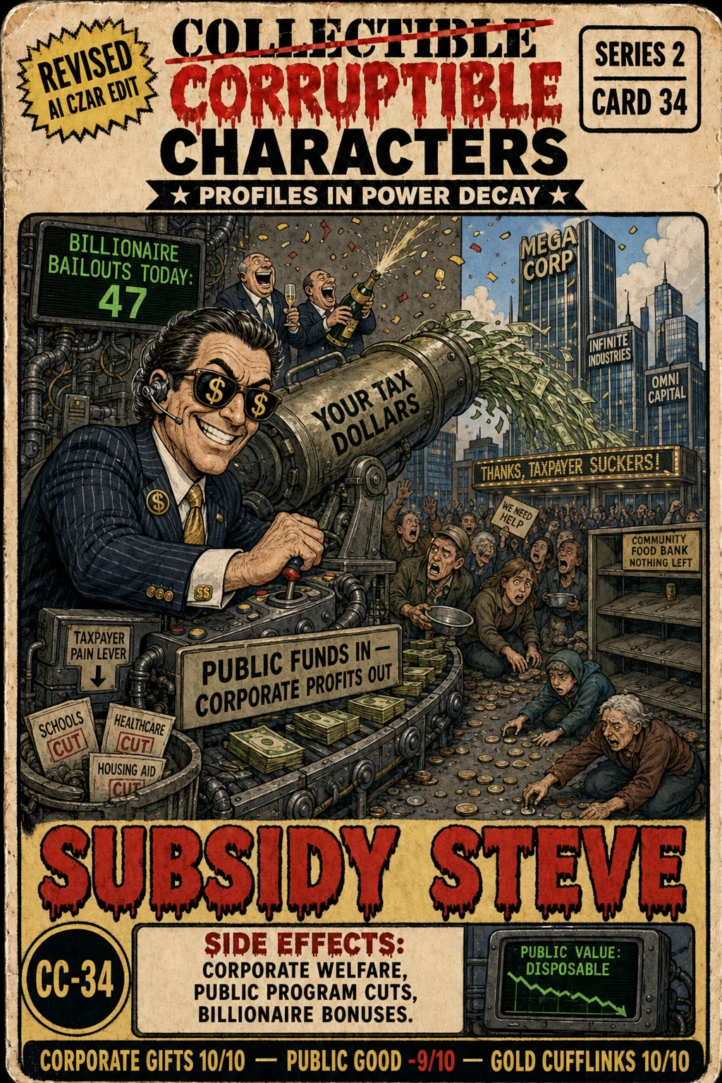 Subsidy Steve, CC-34 — satirical artwork. Subsidy Steve lampoons the contradiction between free-market speeches and an appetite for public support.
