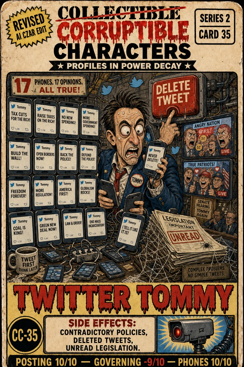 Twitter Tommy, CC-35 — satirical artwork. Twitter Tommy shrinks political performance to the scale of a social-media persona, where attention is the main currency.