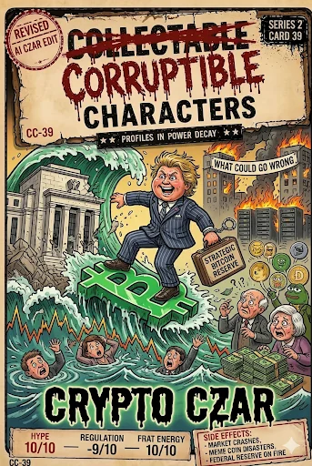 Crypto Czar, CC-39 — satirical artwork. Crypto Czar parodies the regal confidence of digital-money politics, where new technology meets a very old appetite for control.
