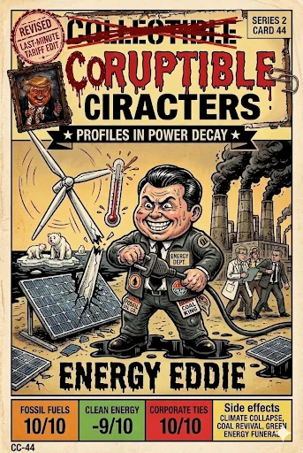 Energy Eddie, CC-44 — satirical artwork. Energy Eddie packages a complicated policy world into a cheerful political nickname, poking fun at simplistic promises of endless power.