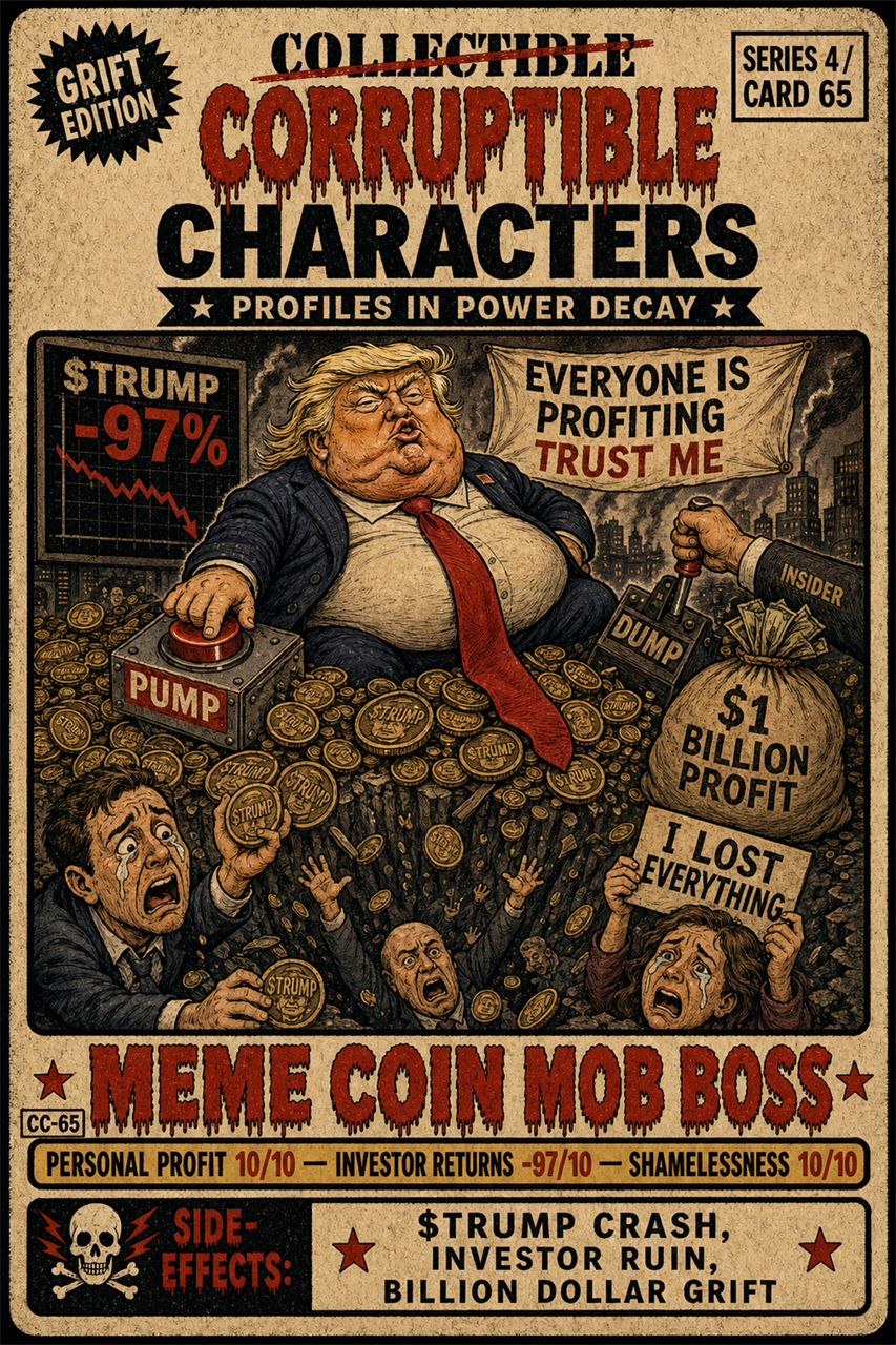 Meme Coin Mob Boss, CC-65 — satirical artwork. Meme Coin Mob Boss mixes internet-money hype with a gangster-style nickname, parodying the power fantasies of speculative politics.