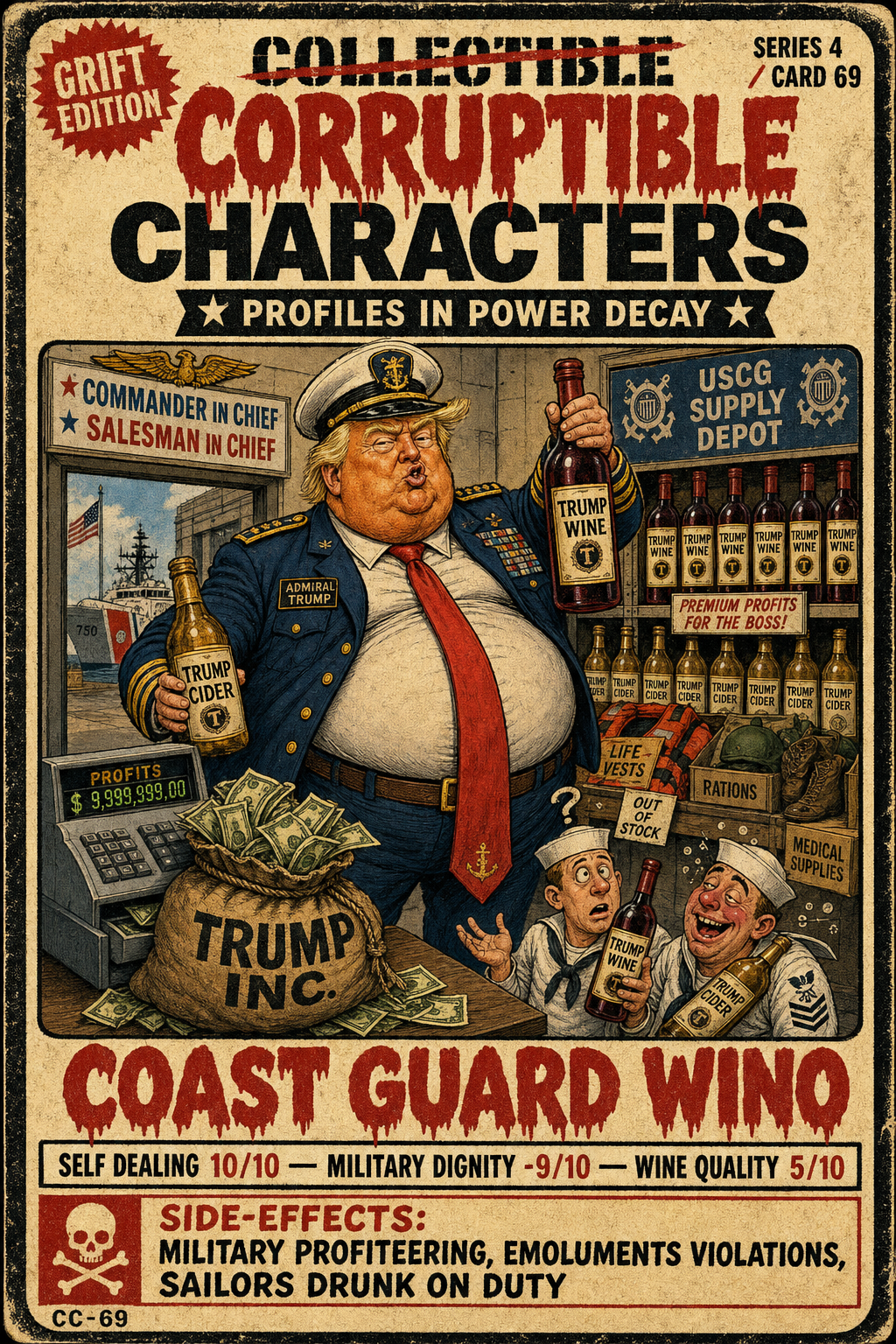 Coast Guard Wino, CC-69 — satirical artwork. Coast Guard Wino sets official maritime authority against an irreverent character label, using incongruity to puncture institutional dignity.