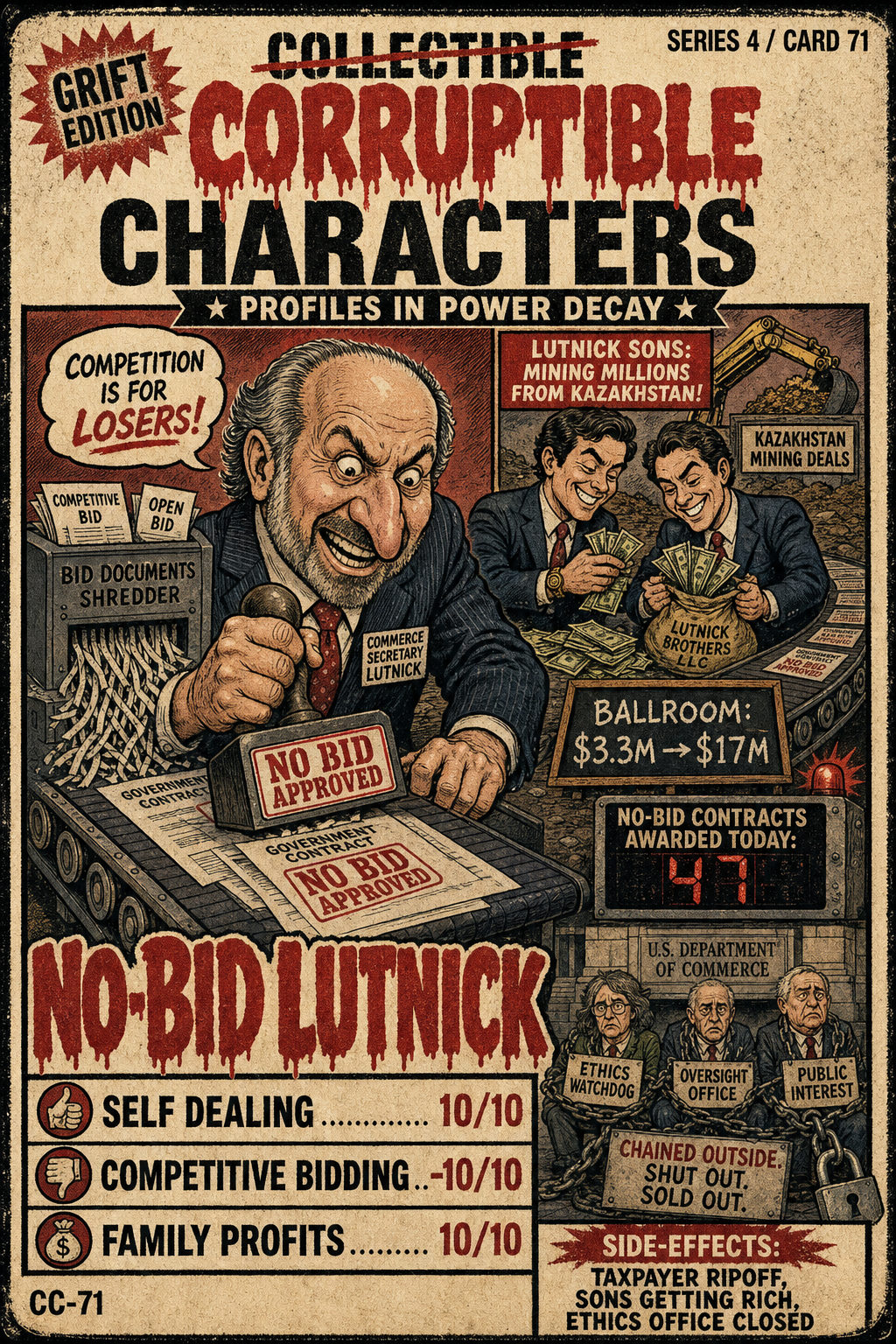No-Bid Lutnick, CC-71 — satirical artwork. No-Bid Lutnick turns procurement jargon into a political persona, teasing the uncomfortable relationship between access and opportunity.