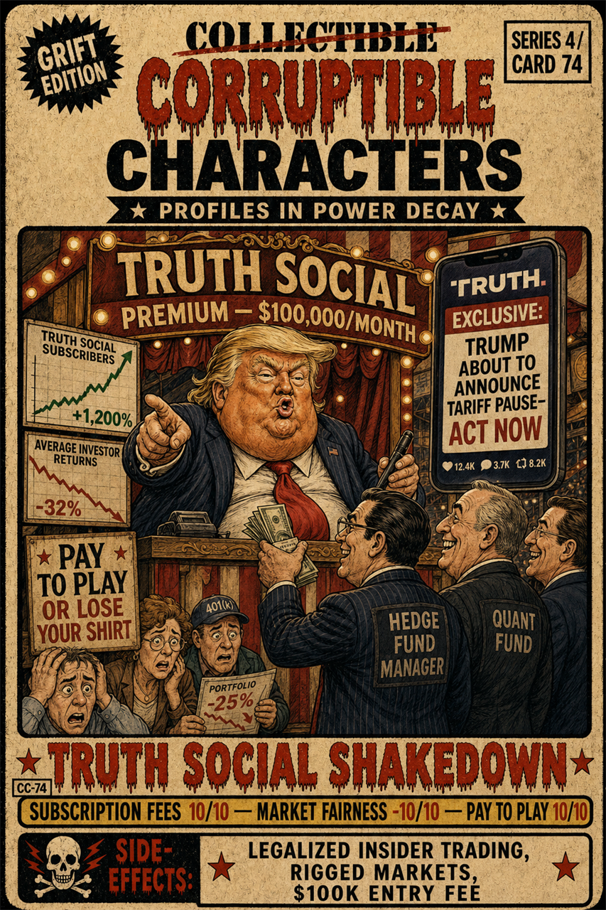 Truth Social Shakedown, CC-74 — satirical artwork. Truth Social Shakedown turns the promise of an online public square into a dark joke about influence, loyalty and monetized attention.
