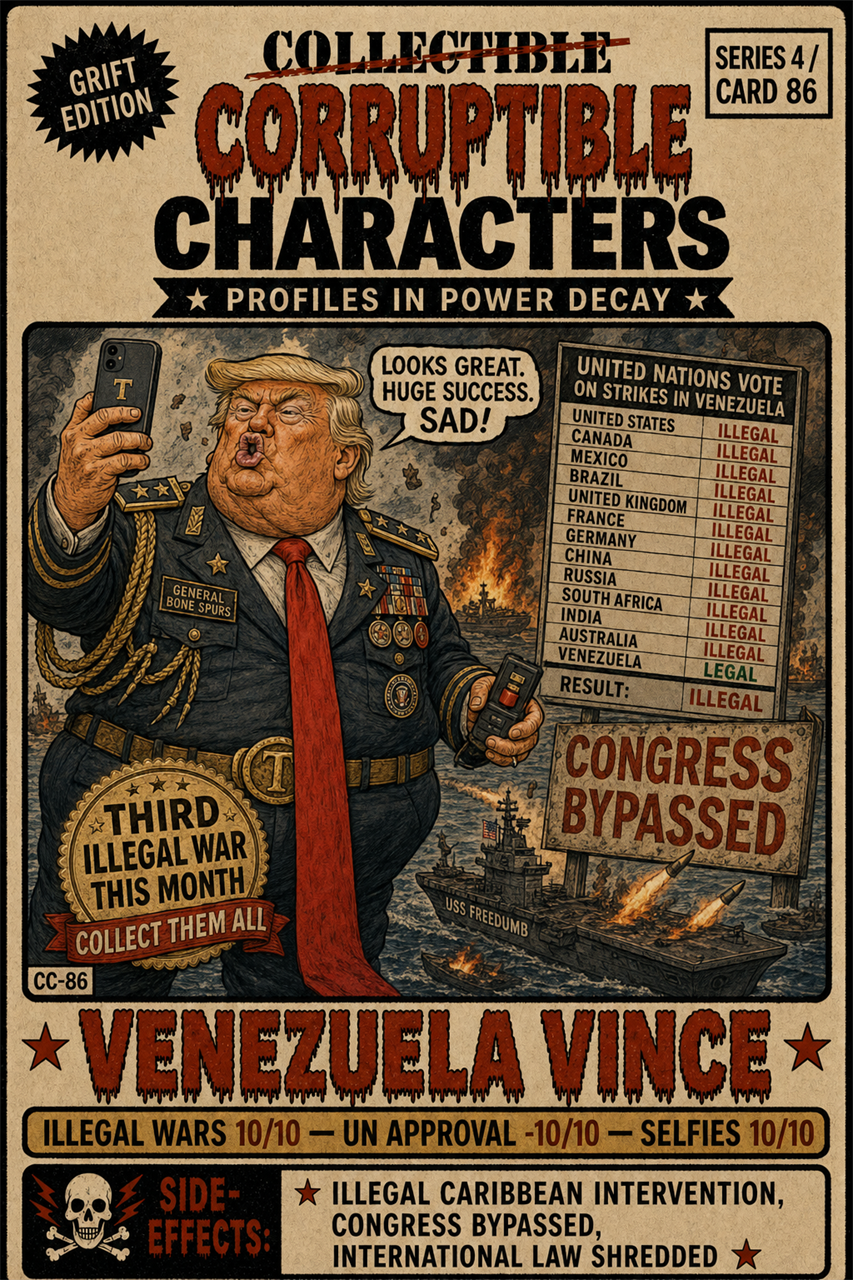 Venezuela Vince, CC-86 — satirical artwork. Venezuela Vince uses a geopolitical nickname to parody the transformation of foreign-policy complexity into a simple political character.